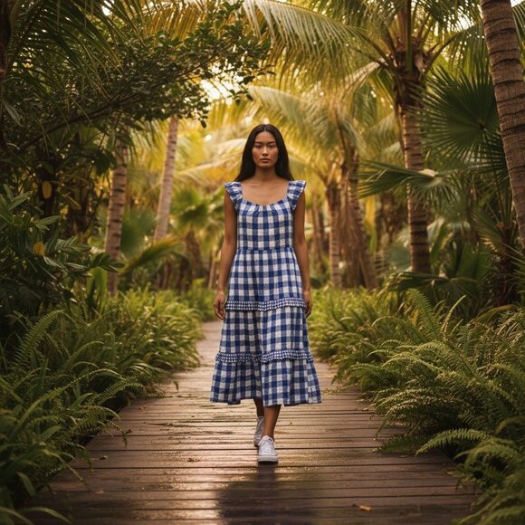 NWT J.Crew Factory Blue & White Gingham Tiered Midi Dress XL - Picture 8 of 16